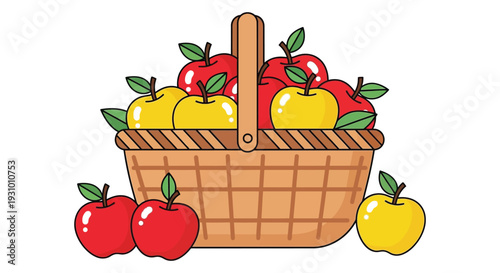 A colorful illustration of a wicker basket brimming with ripe red and yellow apples a delightful harvest silhouette high quality professional