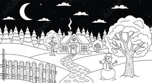 A serene nighttime scene of a house in a rural setting with a crescent moon