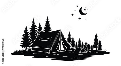 A stark black silhouette depicts a campsite with a tent trees crescent moon and a person silhouette high quality professional detailed