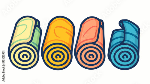 Four colorful, rolled-up, stylized objects, each with a unique shade and internal swirl pattern