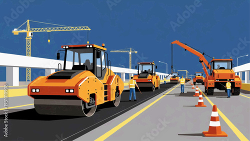 Road construction vehicles working together on a highway under clear blue sky