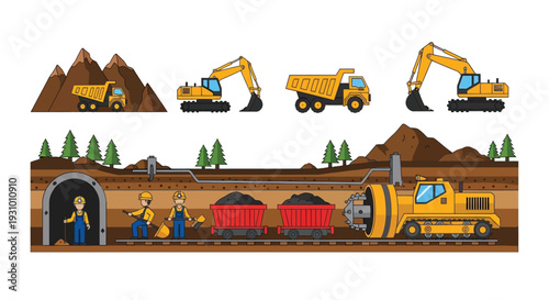 Construction vehicles at a quarry and miners working in a tunnel