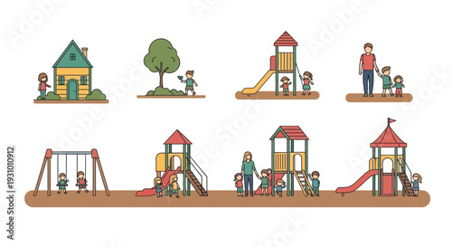 Colorful illustration depicting various playground scenes with children and families
