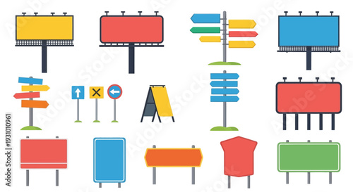 Collection of colorful road signs and billboards with simple designs