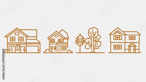 Linear illustration of various house and tree icons in a consistent color scheme against a solid background