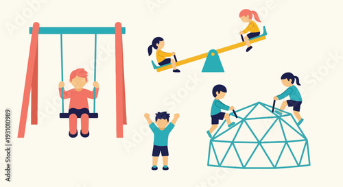 Children playing on a playground with swings seesaw and climbing dome