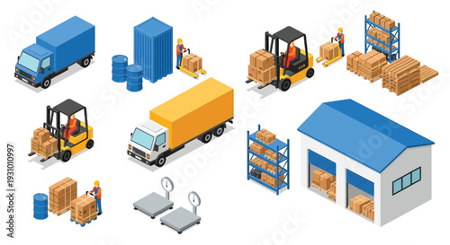 Isometric illustration depicting logistics warehouse operations and transportation elements