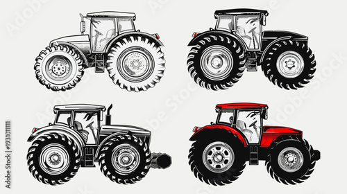 Artistic representations of tractors showcasing design variations with black, white, and red coloring