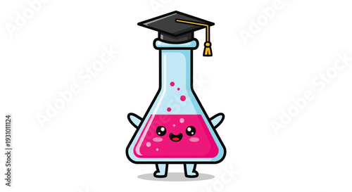 A cheerful cartoonish flask with a graduation cap featuring a cute face and pink liquid silhouette high quality professional detailed modern