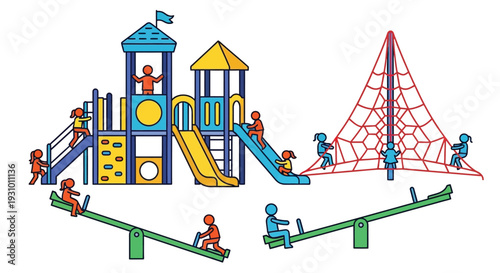 Colorful playground illustration featuring a climbing frame slide and seesaws