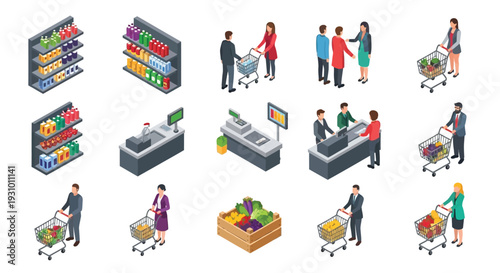 Isometric supermarket scene with customers shelves and checkout counters
