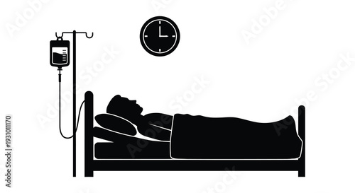 A stark depiction of a patient in a hospital bed with an iv drip and clock presented as a silhouette