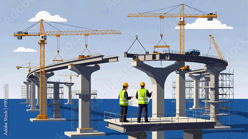 Construction workers inspecting bridge piers under development on a coastal highway infrastructure project over water