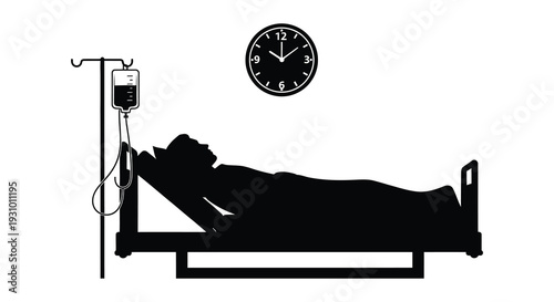A black silhouette depicts a patient in a hospital bed with an iv drip and a clock silhouette high quality professional