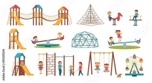Colorful playground equipment illustration with children enjoying various activities