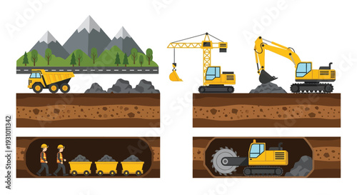 Construction site with machinery mining operations and underground tunnels depicted