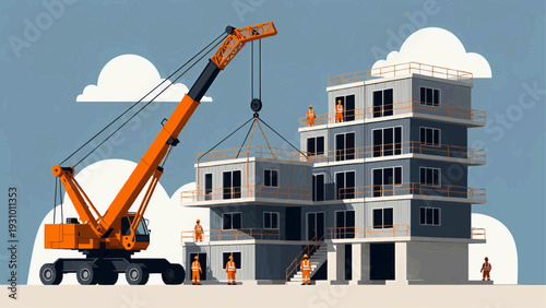 Construction site with crane lifting building module into place on a new residential complex