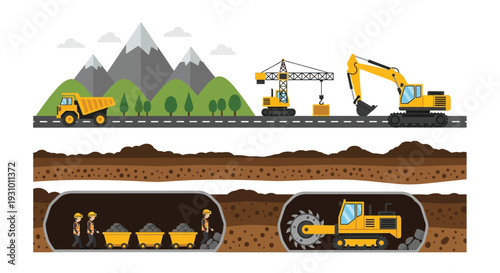 Construction site with heavy machinery tunnel boring and mountain backdrop