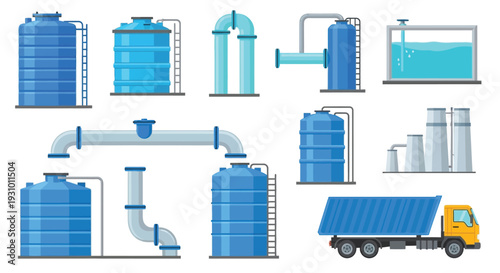 Various water storage tanks pipes and a blue dump truck illustration