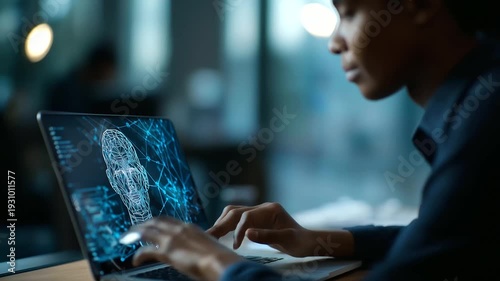 Faceless user interacting with facial recognition artificial intelligence system on laptop screen representing biometric authentication technology deepfake detection digital ide
