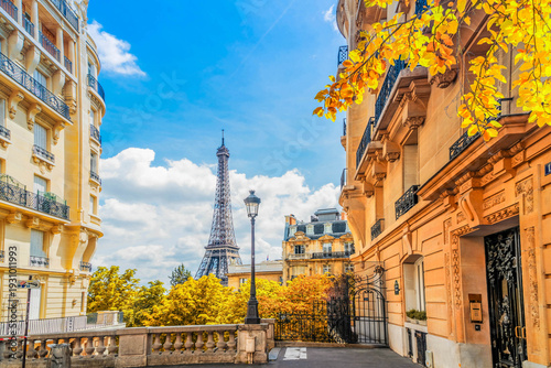 Wallpaper Mural famous Eiffel Tower landmark and Paris fall street, Paris at autumn, France Torontodigital.ca