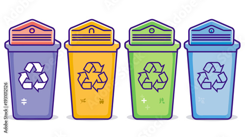 Colorful illustrated recycling bins with lids, recycling symbol, and small icons to separate waste