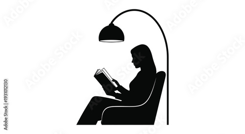 A woman sits comfortably reading a book under the glow of an arc lamp depicted as a silhouette high quality professional
