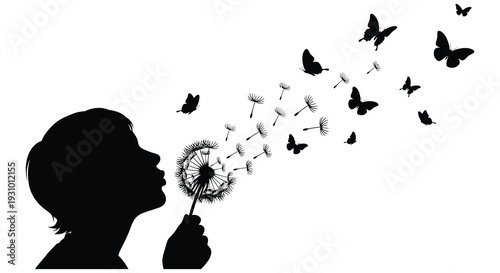 A child s profile is shown blowing dandelion seeds with butterflies fluttering around presented as a silhouette high quality professional detailed modern