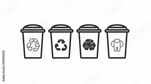 Four stylized, lined containers showcasing symbols; recycling, nature and a stylized tooth