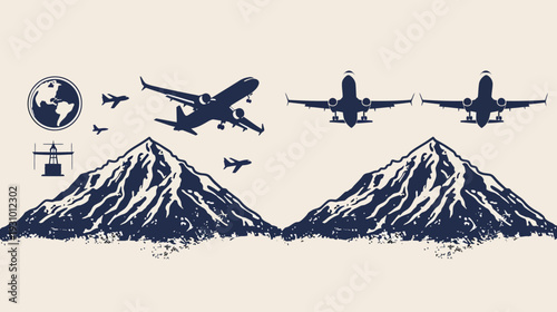 Silhouetted illustration of a globe, planes, mountains, and an industrial structure