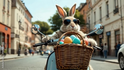 Cool rabbit riding scooter with easter eggs in city