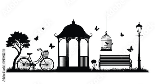 A picturesque park scene featuring a gazebo bicycle and birds rendered in a striking black silhouette high quality professional detailed modern