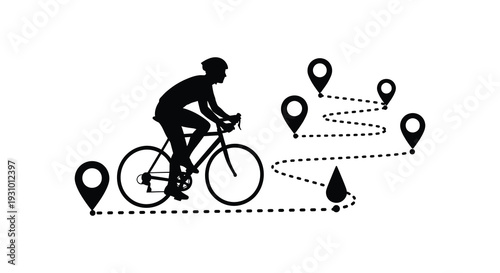 A cyclist rides alongside a dotted path marked by location pins a striking black silhouette high quality professional detailed modern elegant
