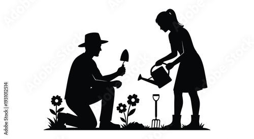 A couple gardening together in a stylized black silhouette with a man kneeling and woman watering plants silhouette high quality professional