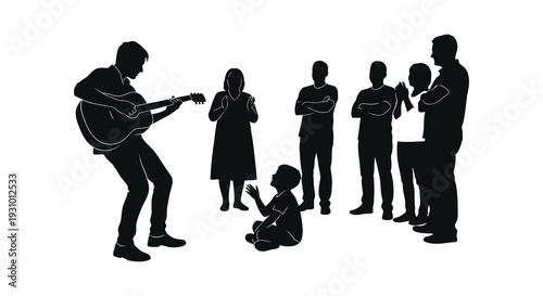 A family group enjoys music together with a musician playing guitar and others listening in silhouette high quality professional detailed modern