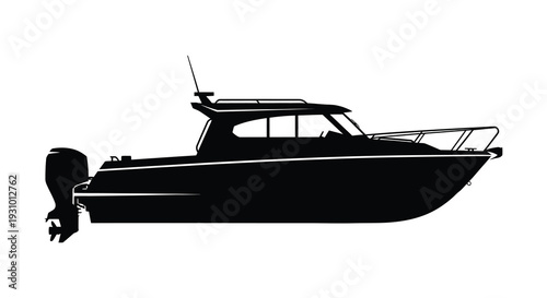 A sleek black silhouette of a modern motorboat is showcased against a white background emphasizing its design silhouette high quality professional