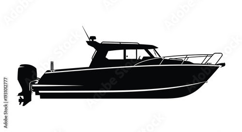 A sleek black boat is prominently displayed against a white background showcasing its design as a silhouette high quality professional detailed