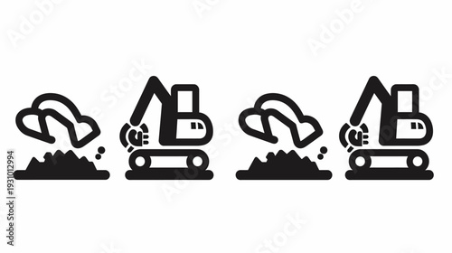 Four black and white line art illustrations of construction vehicles excavating earth