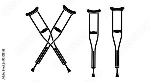 A graphic depiction of two pairs of black crutches one crossed and one aligned presented as a silhouette high quality professional