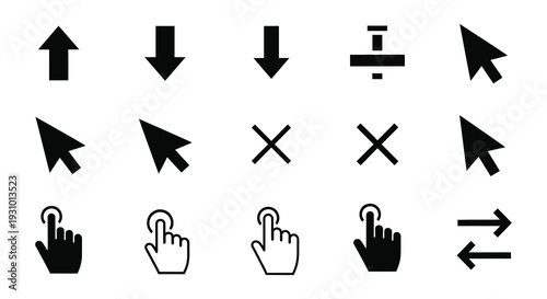 A collection of black arrow and hand cursor icons including pointing and clicking designs silhouette high quality professional detailed modern elegant stylish