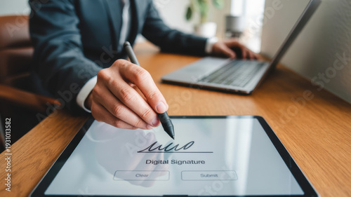 Digital signature on tablet with stylus beside laptop, e-sign document and approval 
