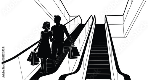 A couple ascends an escalator holding shopping bags depicted in a striking black and white silhouette high quality professional detailed modern
