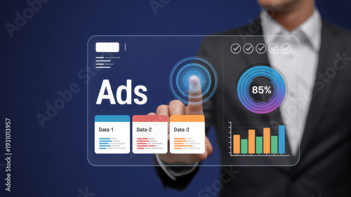 Modern digital marketing concepts for product promotion, advertising via social media, email, website and search engines across all channels. Digital marketing development strategies and goals. 