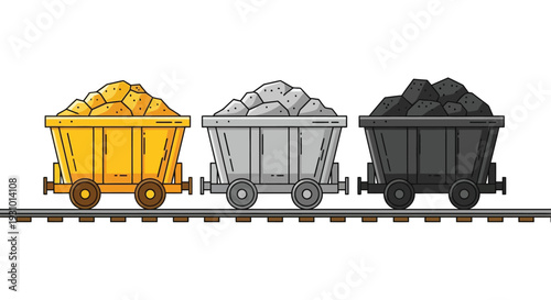Three mine carts filled with varying materials sit on railway tracks displaying a flat graphic silhouette high quality professional detailed modern