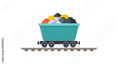 A colorful illustration depicts a small blue mining cart filled with gems minerals and gold silhouette high quality professional detailed modern