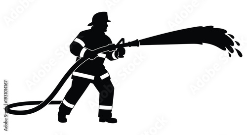 A firefighter powerfully directs a stream of water from a hose depicted in a striking black silhouette high quality professional detailed