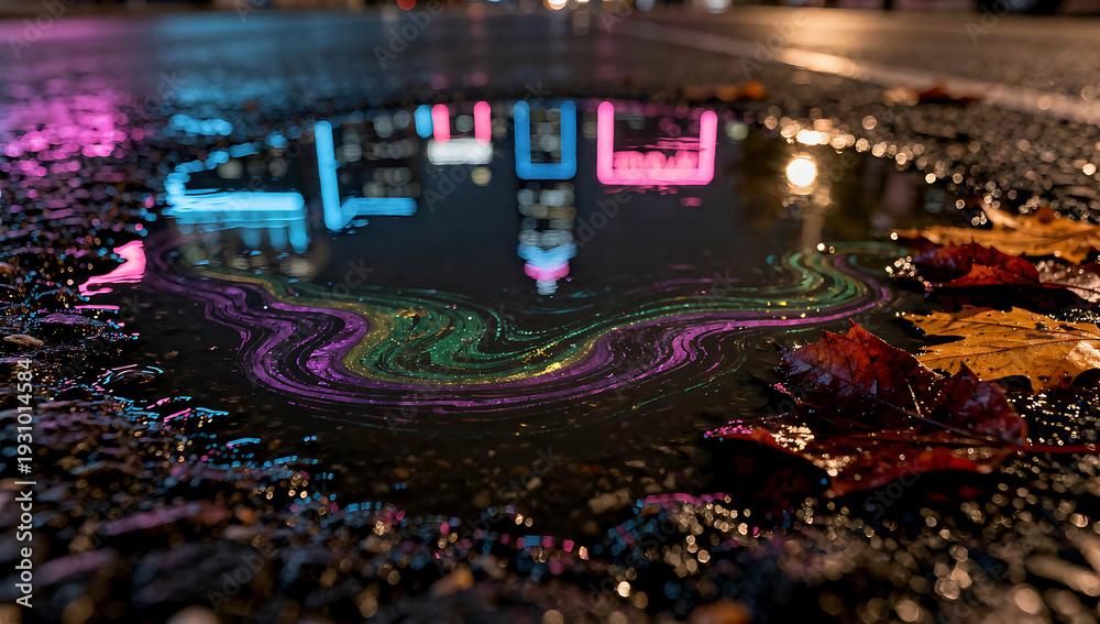 Obraz premium Iridescent Oil Film Neon Puddle Autumn Leaves Night Street