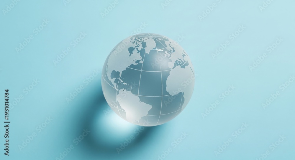 Fototapeta premium Glass globe showing continents on a light blue background