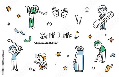 ゴルフライフを楽しむ若い男性のイラストセット