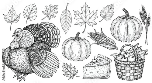 Black and white of thanksgiving symbols including a turkey pumpkin corn and fruit